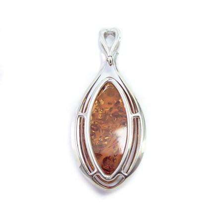 Carved Marquise Baltic Amber and Sterling Silver Pendant